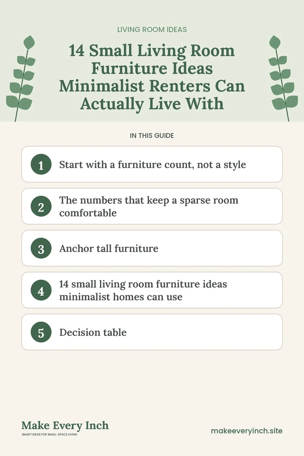 Pinterest pin listing the main topics in: 14 Small Living Room Furniture Ideas Minimalist Renters Can Actually Live With