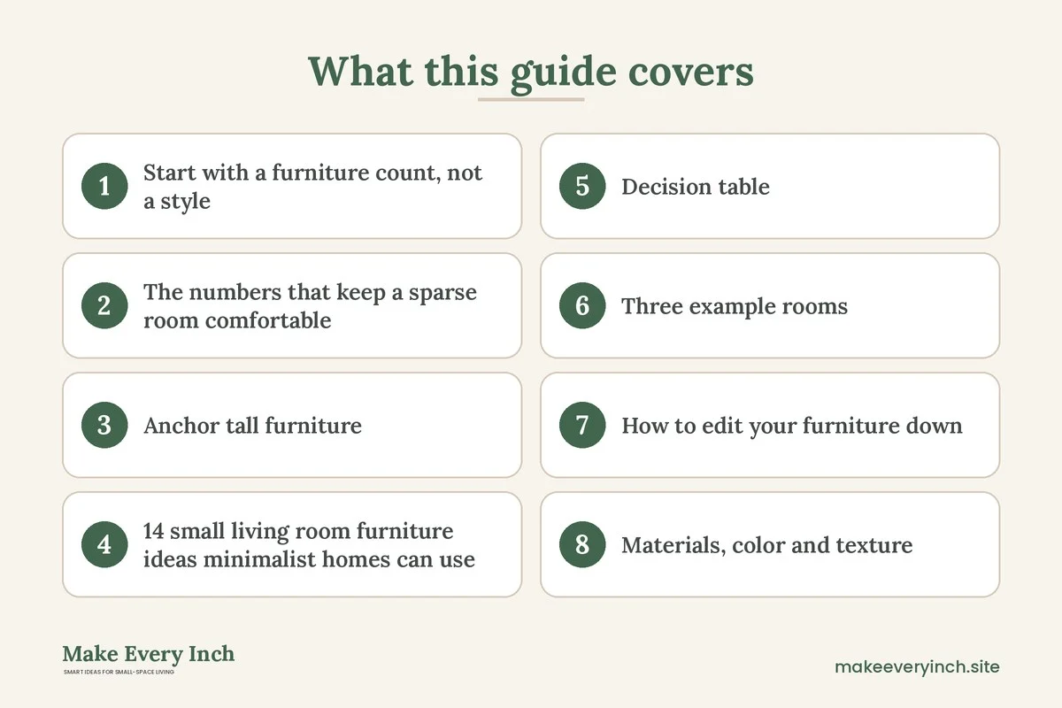 Graphic listing 8 topics covered in: 14 Small Living Room Furniture Ideas Minimalist Renters Can Actually Live With