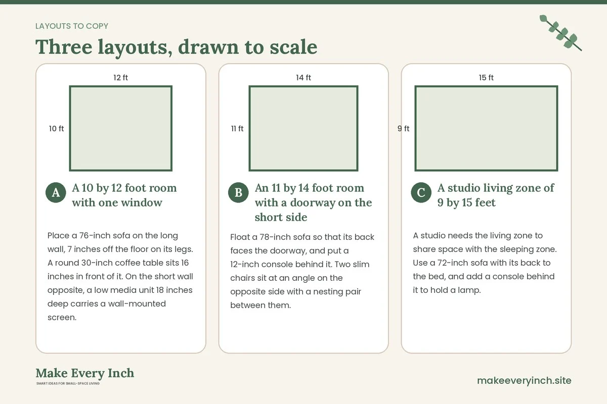 Three room layouts drawn to scale with dimensions and placement notes for: 15 Small Living Room Furniture Ideas Modern Style Done Right