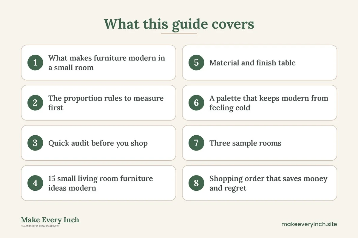 Graphic listing 8 topics covered in: 15 Small Living Room Furniture Ideas Modern Style Done Right