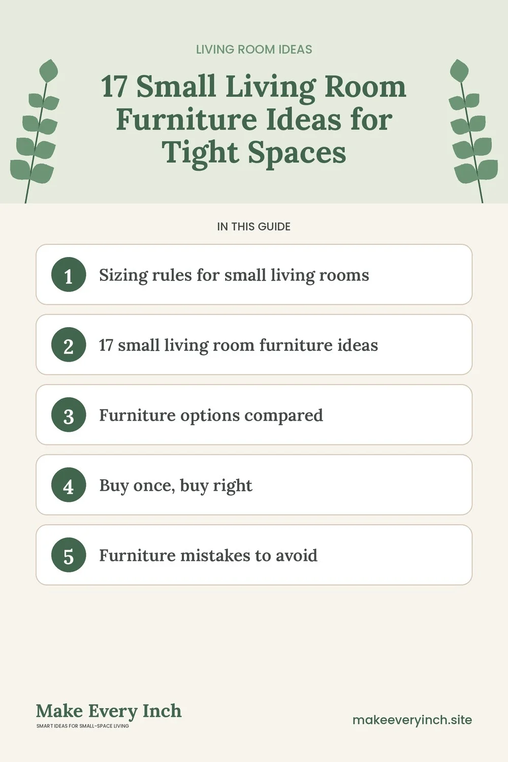 Pinterest pin listing the main topics in: 17 Small Living Room Furniture Ideas for Tight Spaces