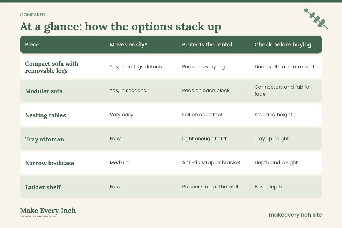 Comparison table of options for: 16 Small Living Room Furniture Ideas Renter Friendly Enough to Move With You (Piece, Moves easily?, Protects the rental, Check before buying)