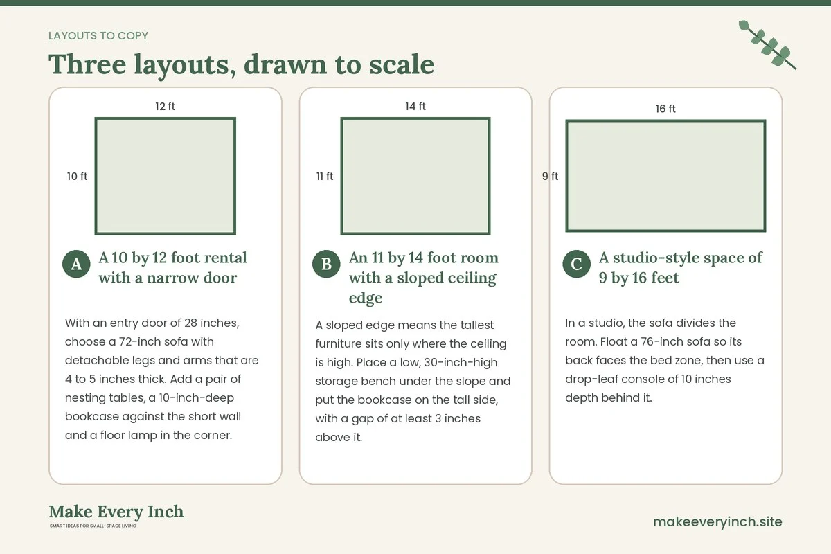 Three room layouts drawn to scale with dimensions and placement notes for: 16 Small Living Room Furniture Ideas Renter Friendly Enough to Move With You