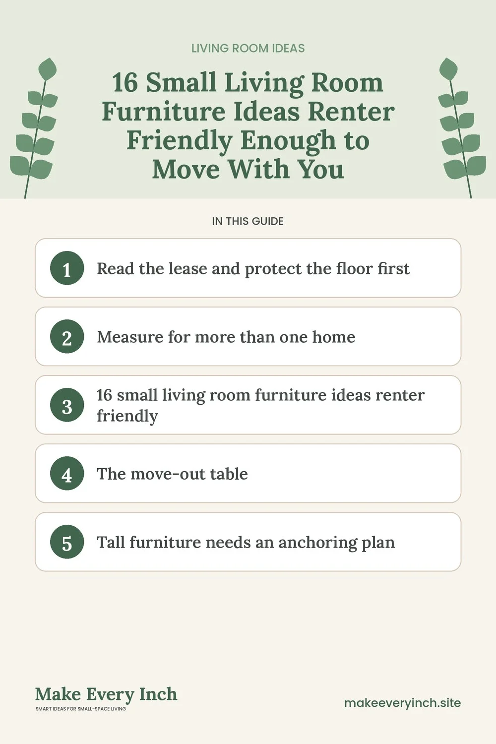 Pinterest pin listing the main topics in: 16 Small Living Room Furniture Ideas Renter Friendly Enough to Move With You