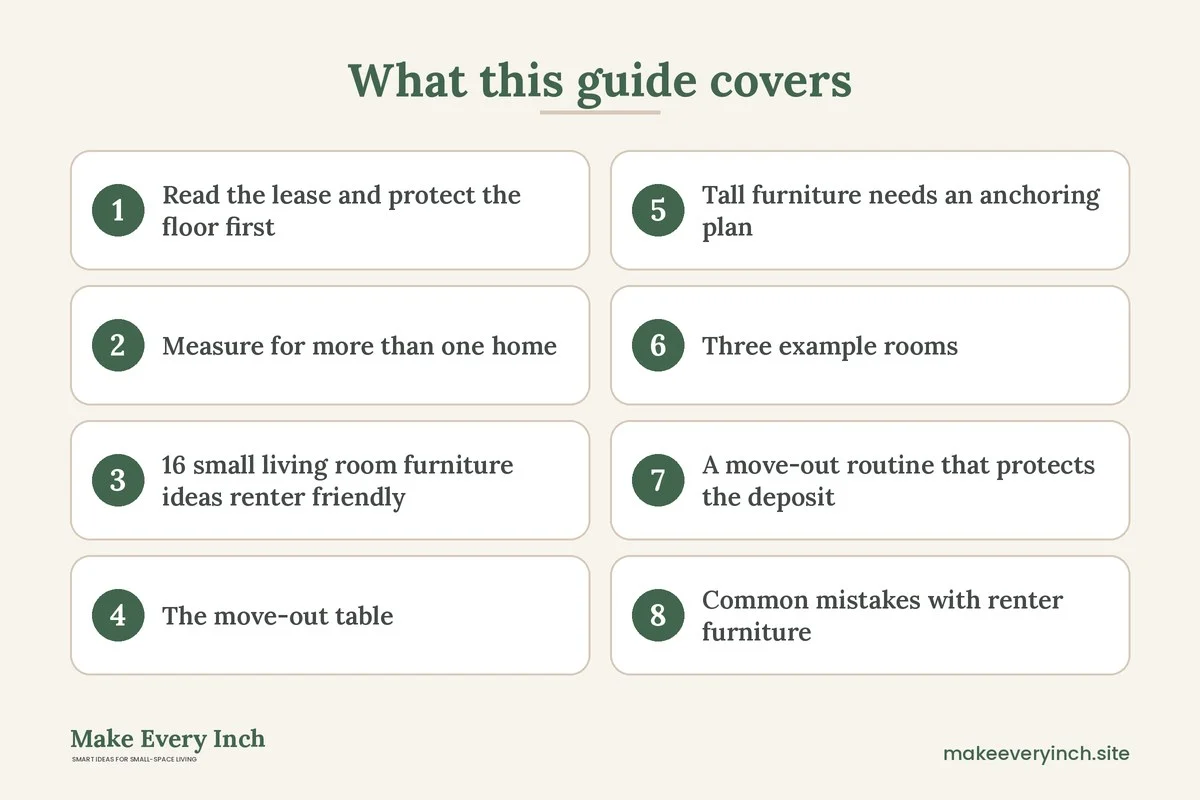Graphic listing 8 topics covered in: 16 Small Living Room Furniture Ideas Renter Friendly Enough to Move With You