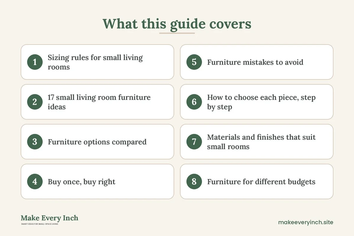 Graphic listing 8 topics covered in: 17 Small Living Room Furniture Ideas for Tight Spaces