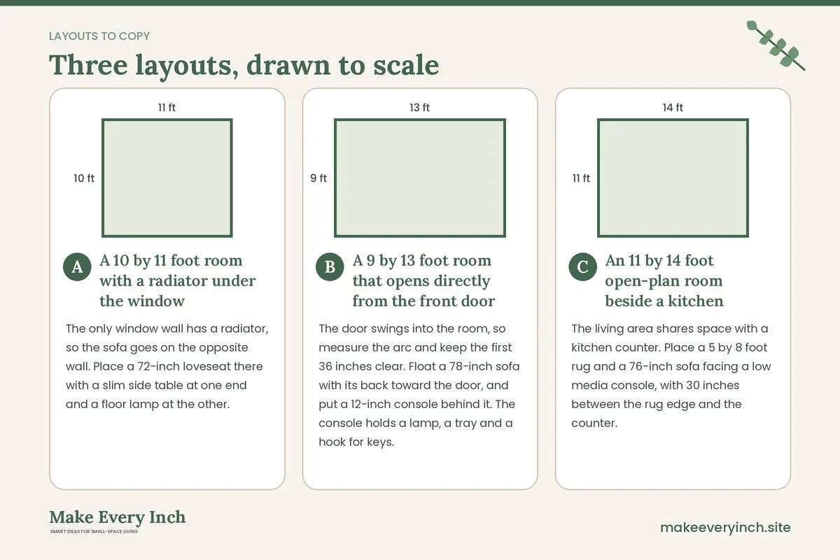 Three room layouts drawn to scale with dimensions and placement notes for: 19 Small Living Room Ideas for Apartments That Solve Real Building Problems