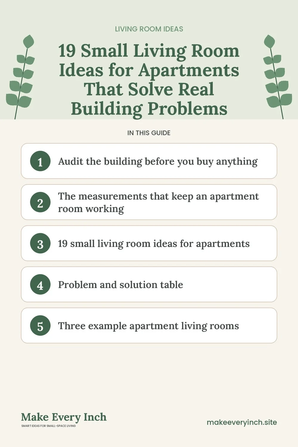 Pinterest pin listing the main topics in: 19 Small Living Room Ideas for Apartments That Solve Real Building Problems