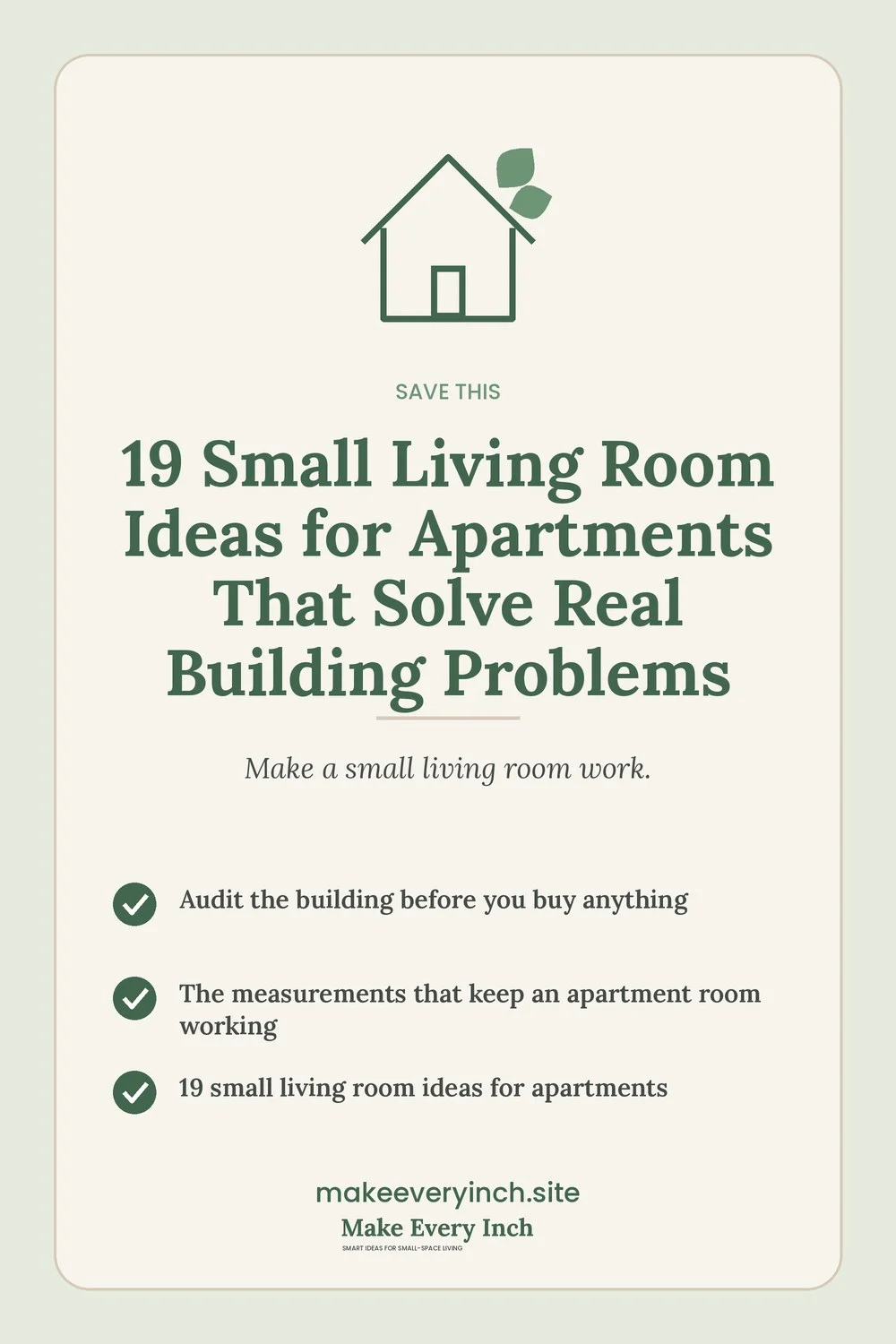 Save-this Pinterest pin with a short checklist for: 19 Small Living Room Ideas for Apartments That Solve Real Building Problems