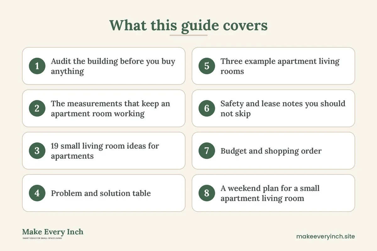 Graphic listing 8 topics covered in: 19 Small Living Room Ideas for Apartments That Solve Real Building Problems