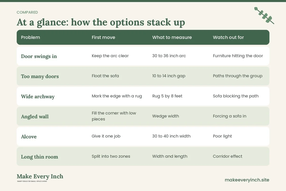 Comparison table of options for: 12 Small Living Room Fixes for Awkward Layouts and Odd Shapes (Problem, First move, What to measure, Watch out for)