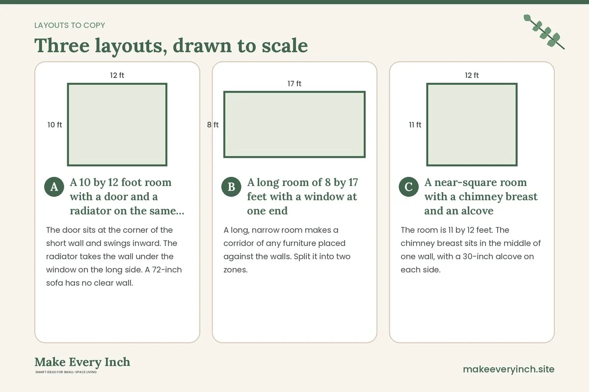 Three room layouts drawn to scale with dimensions and placement notes for: 12 Small Living Room Fixes for Awkward Layouts and Odd Shapes