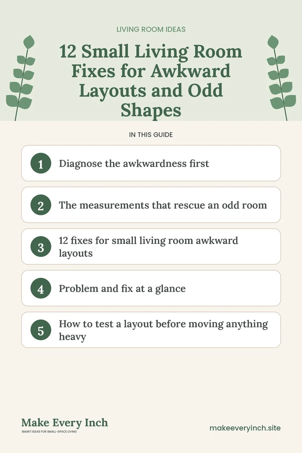 Pinterest pin listing the main topics in: 12 Small Living Room Fixes for Awkward Layouts and Odd Shapes