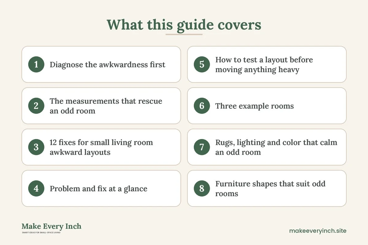 Graphic listing 8 topics covered in: 12 Small Living Room Fixes for Awkward Layouts and Odd Shapes
