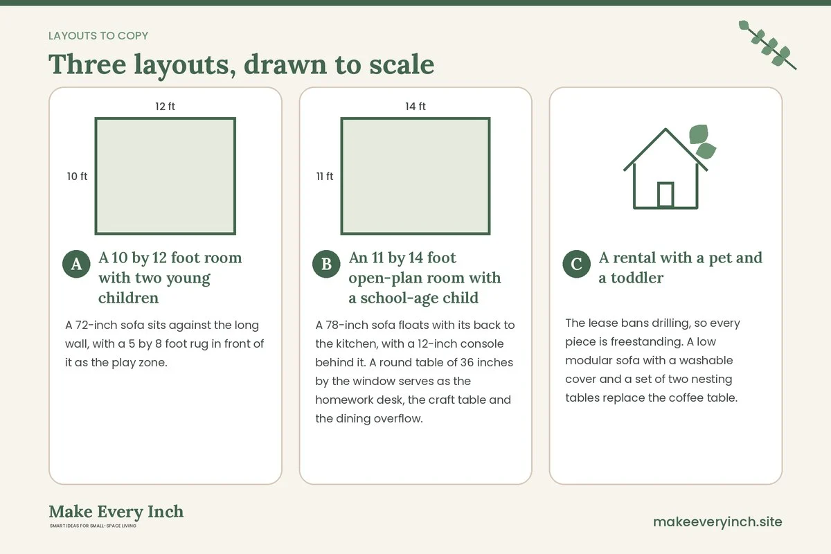 Three room layouts drawn to scale with dimensions and placement notes for: 14 Small Living Room Ideas for Families with Kids and Pets