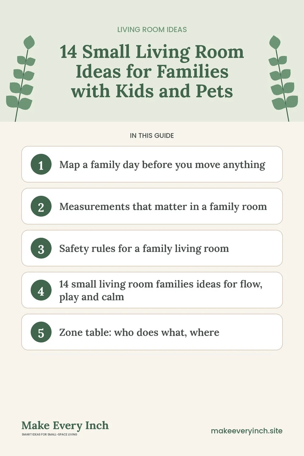 Pinterest pin listing the main topics in: 14 Small Living Room Ideas for Families with Kids and Pets