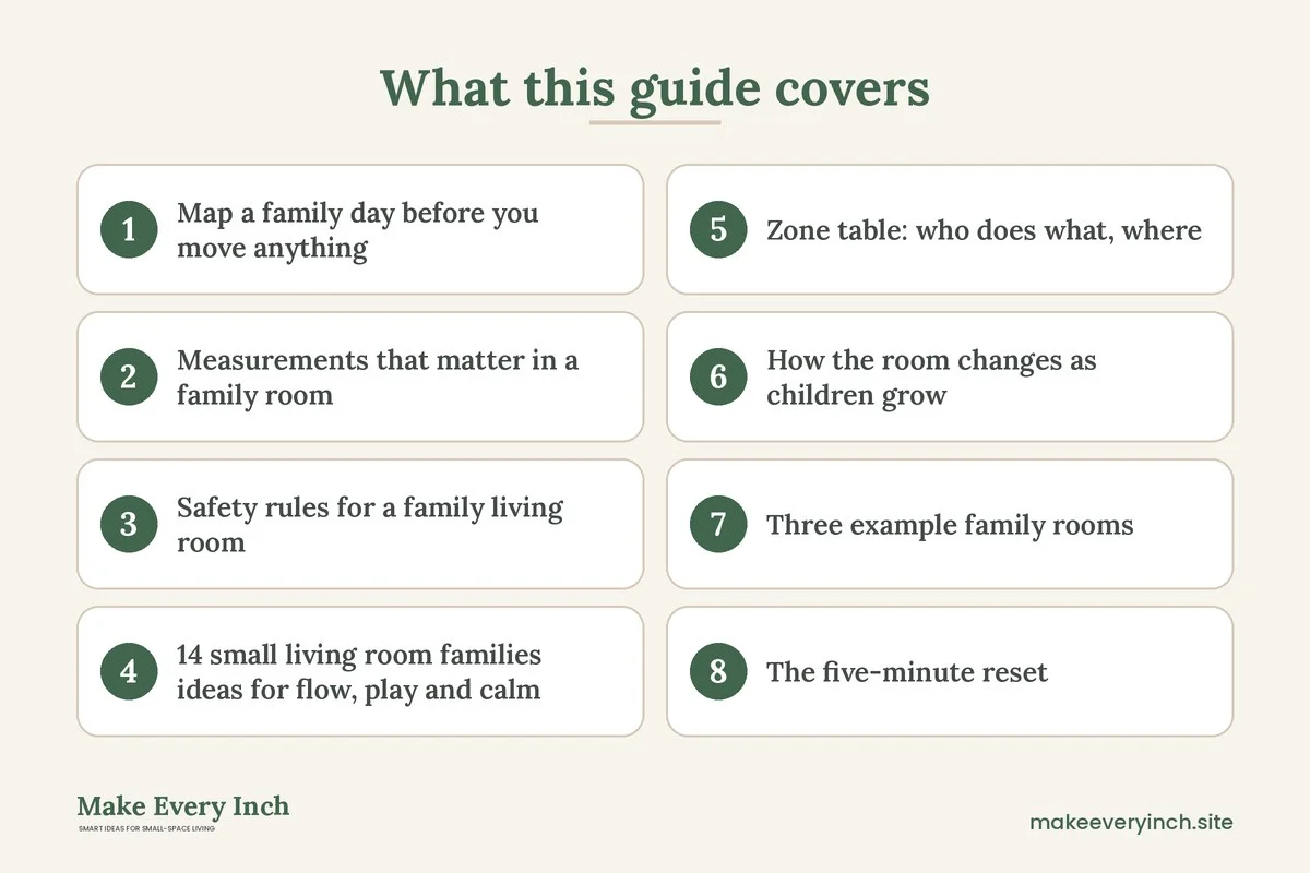 Graphic listing 8 topics covered in: 14 Small Living Room Ideas for Families with Kids and Pets