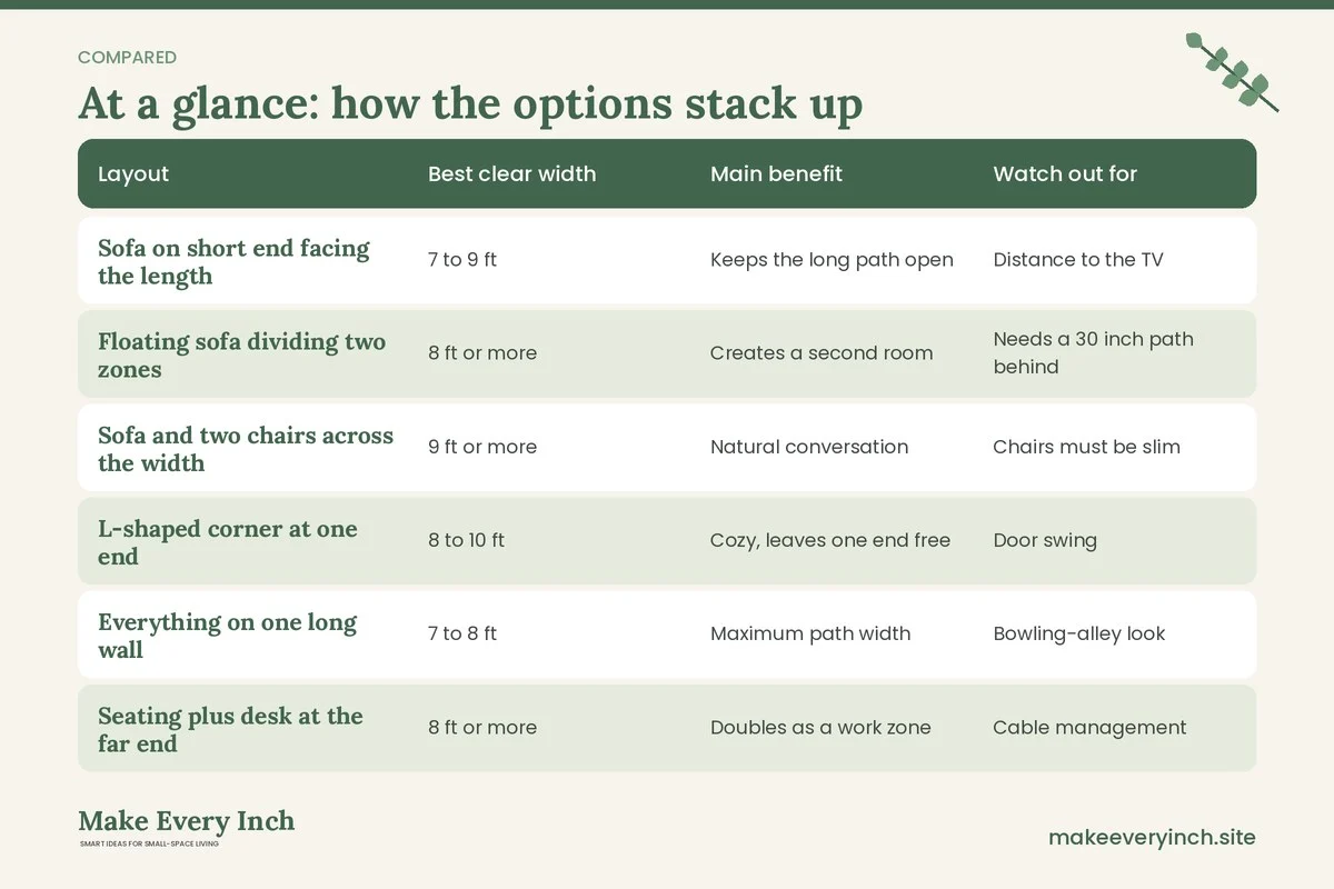 Comparison table of options for: 12 Small Living Room Ideas for Long Narrow Rooms (Layout, Best clear width, Main benefit, Watch out for)