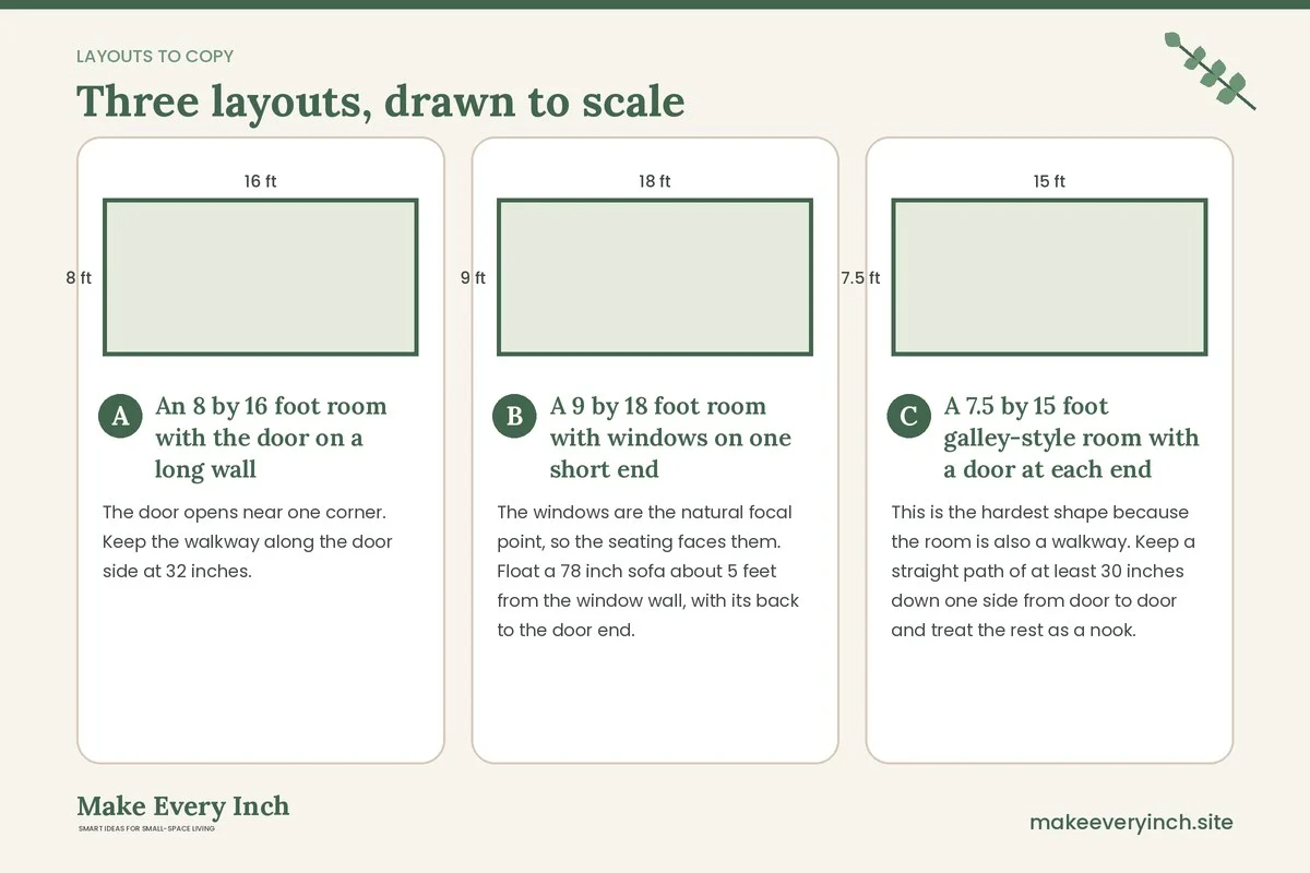 Three room layouts drawn to scale with dimensions and placement notes for: 12 Small Living Room Ideas for Long Narrow Rooms