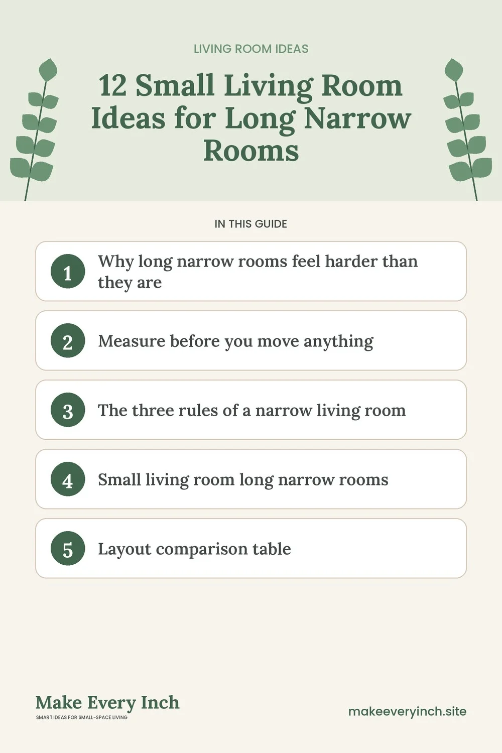 Pinterest pin listing the main topics in: 12 Small Living Room Ideas for Long Narrow Rooms