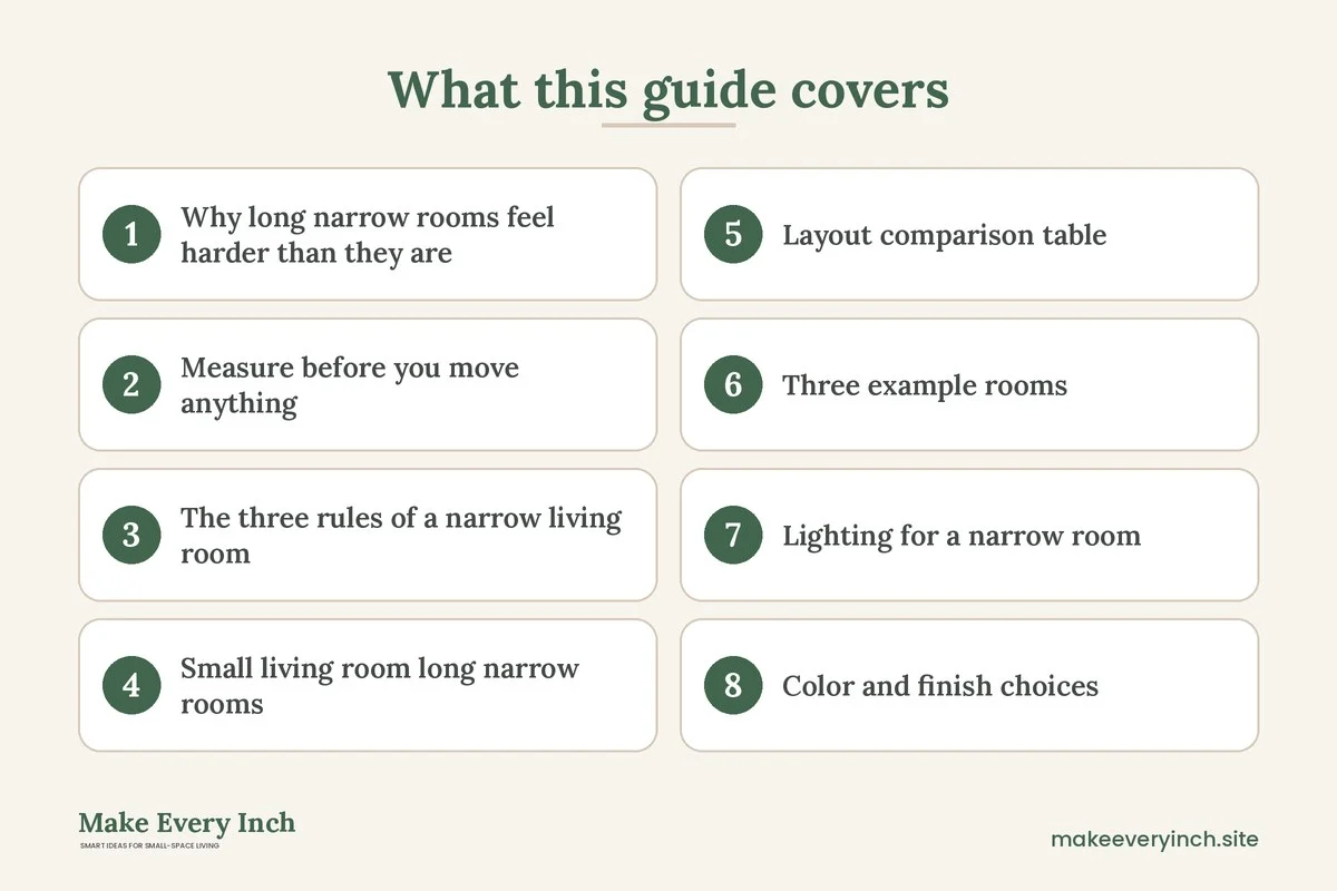 Graphic listing 8 topics covered in: 12 Small Living Room Ideas for Long Narrow Rooms