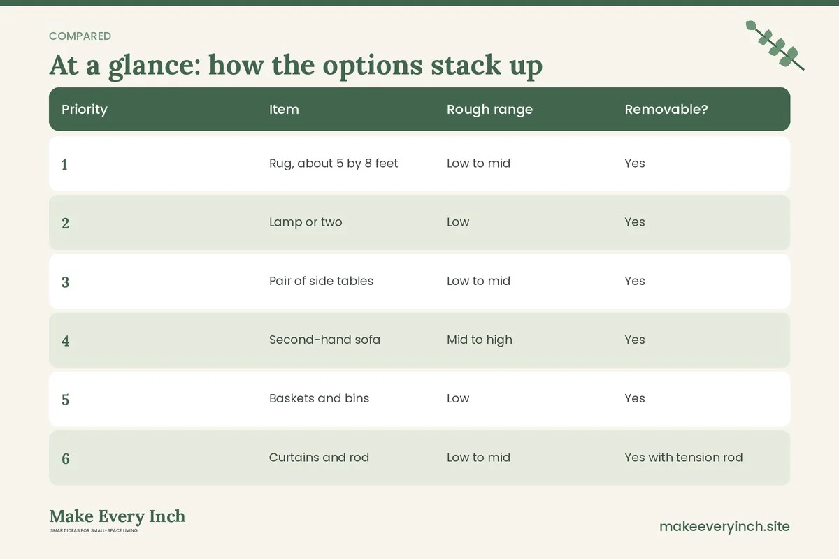 Comparison table of options for: Small Living Room Ideas for Renters Budget Guide (Priority, Item, Rough range, Removable?)