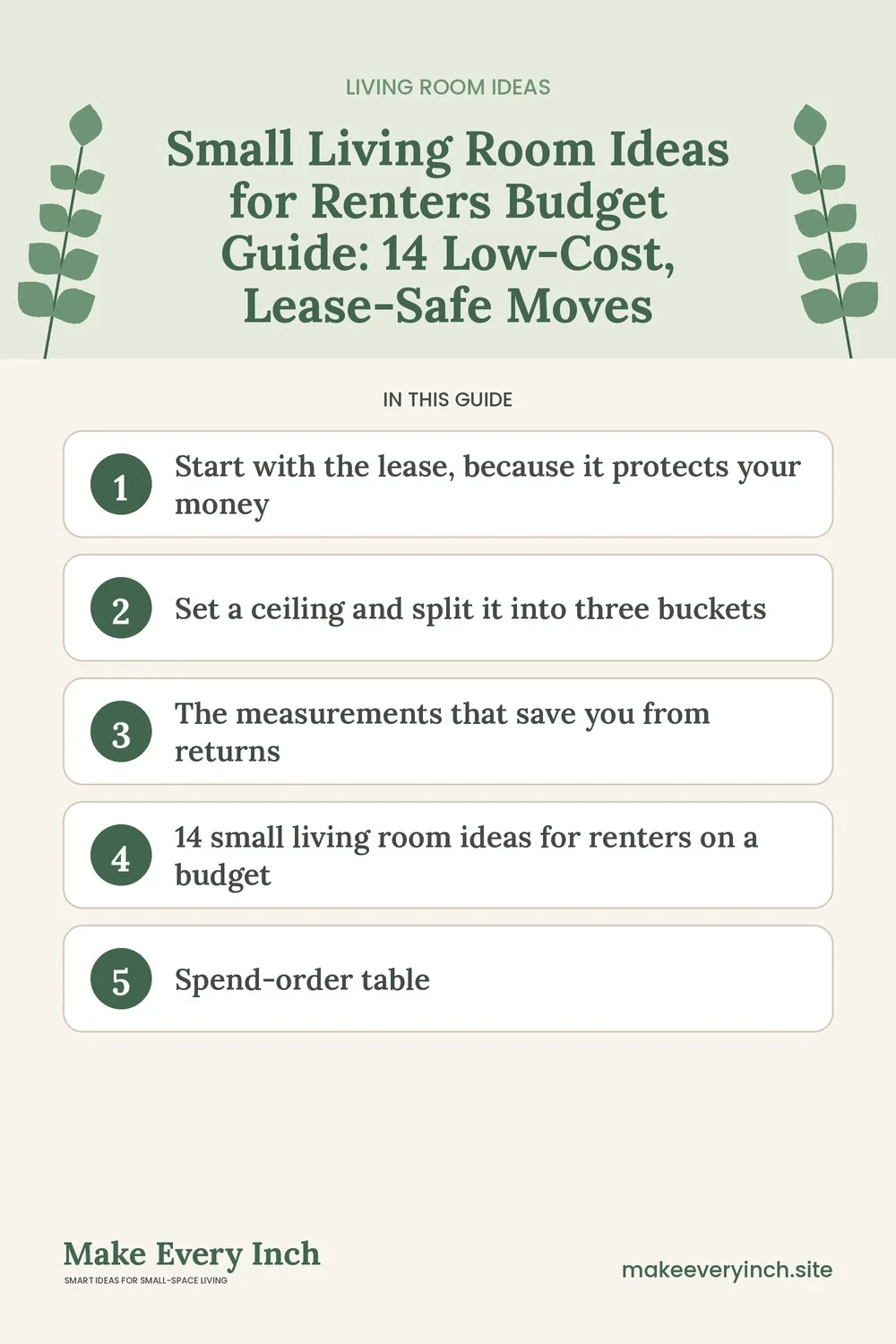 Pinterest pin listing the main topics in: Small Living Room Ideas for Renters Budget Guide
