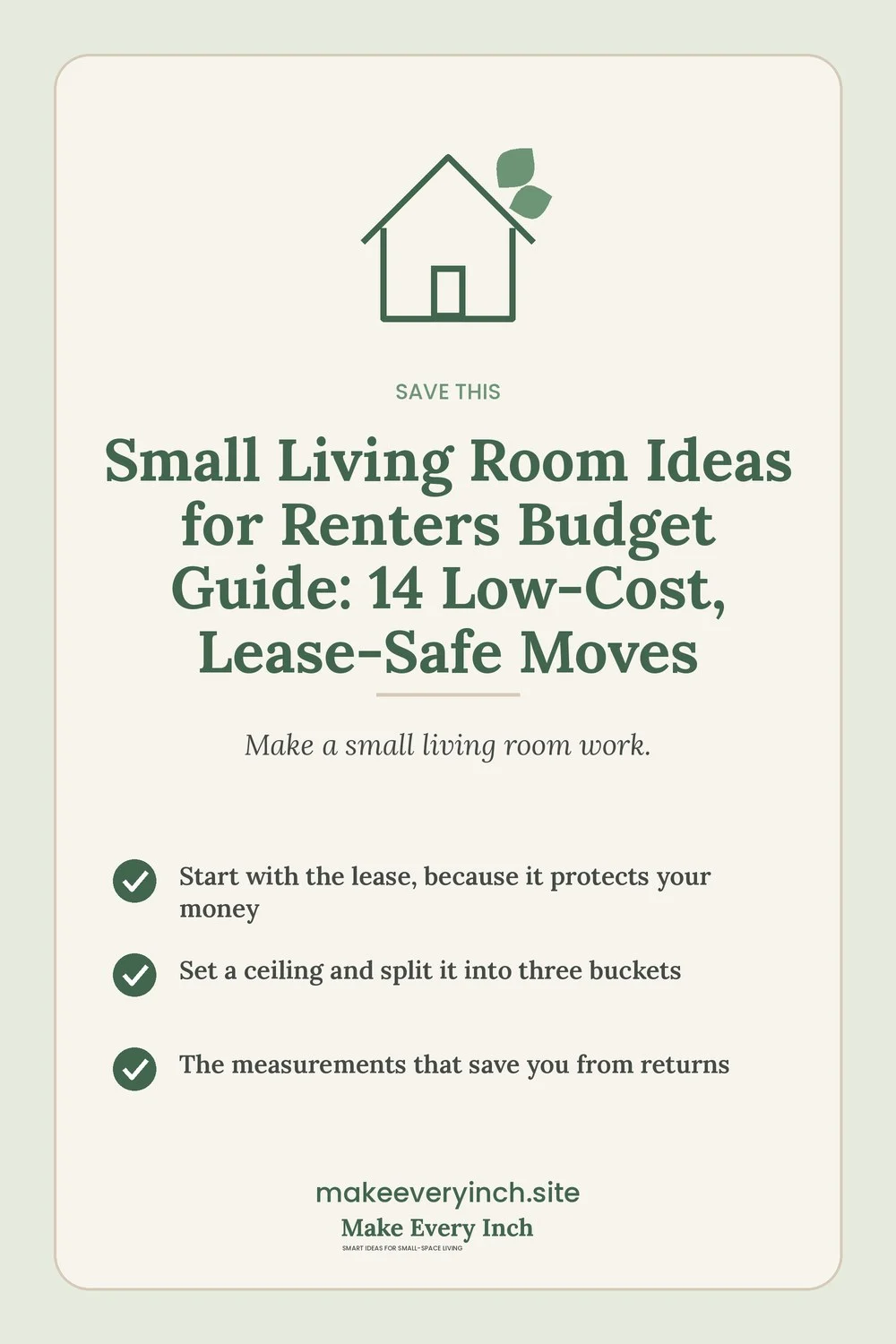 Save-this Pinterest pin with a short checklist for: Small Living Room Ideas for Renters Budget Guide