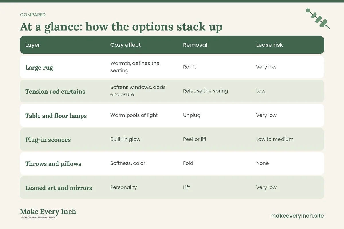 Comparison table of options for: 16 Small Living Room Ideas for Renters Cozy Enough to Feel Like Home (Layer, Cozy effect, Removal, Lease risk)