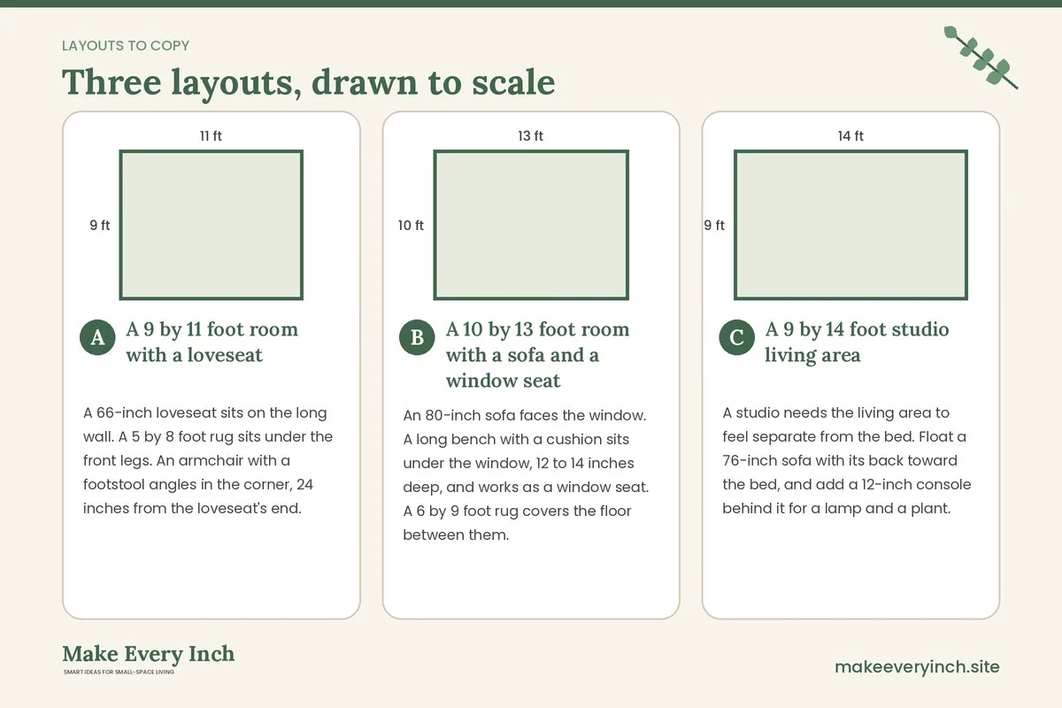 Three room layouts drawn to scale with dimensions and placement notes for: 16 Small Living Room Ideas for Renters Cozy Enough to Feel Like Home