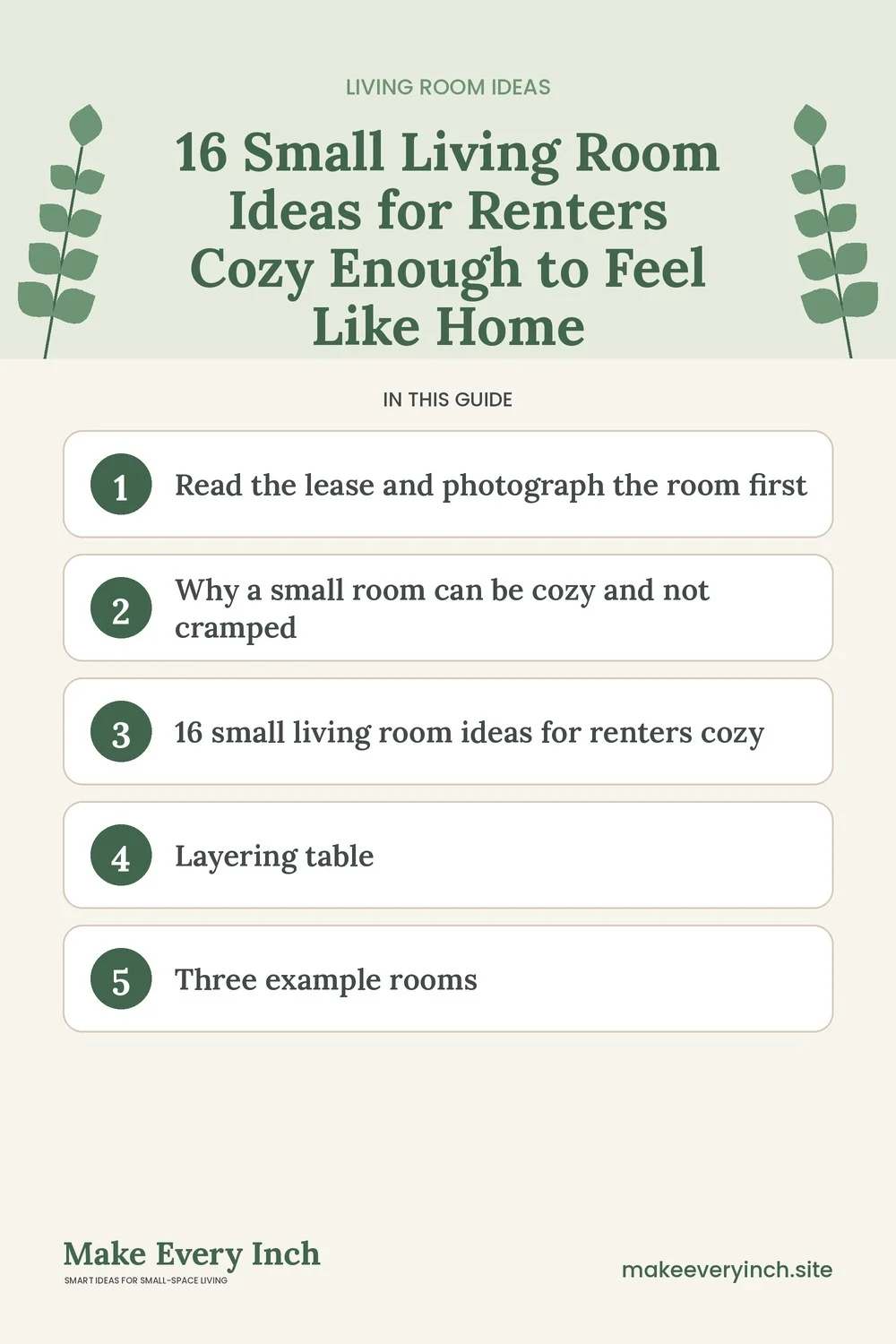 Pinterest pin listing the main topics in: 16 Small Living Room Ideas for Renters Cozy Enough to Feel Like Home