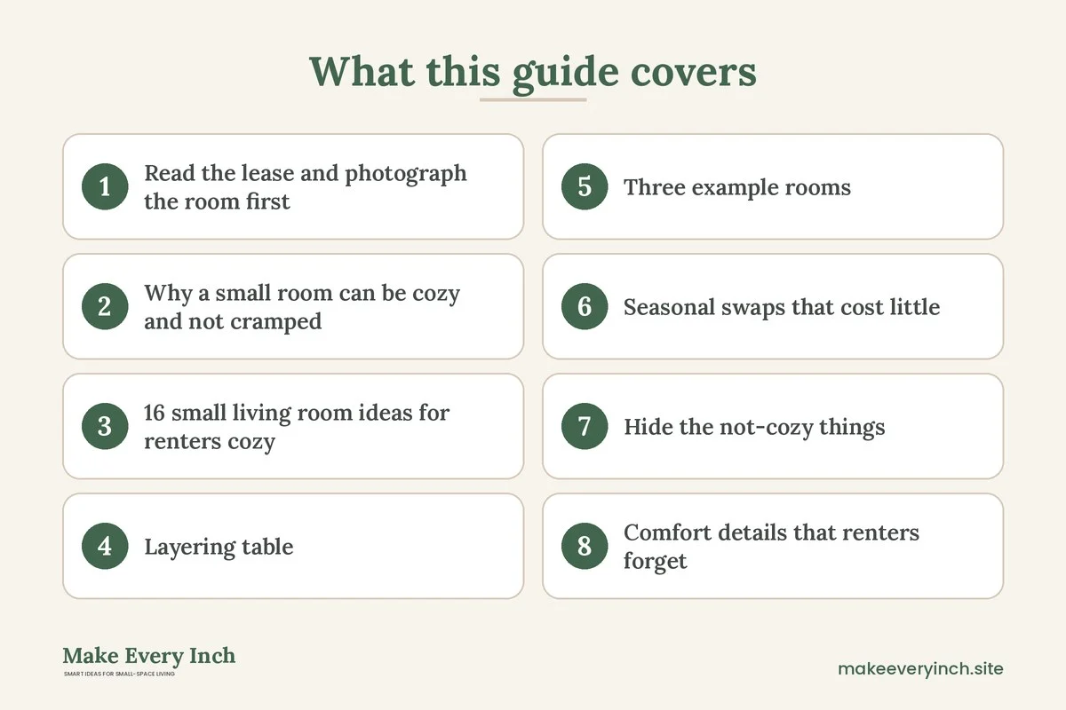 Graphic listing 8 topics covered in: 16 Small Living Room Ideas for Renters Cozy Enough to Feel Like Home