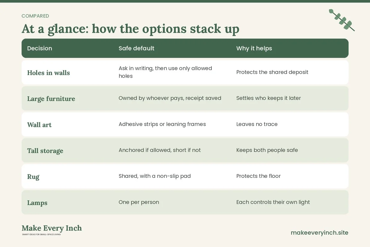 Comparison table of options for: 14 Small Living Room Ideas for Renters for Couples on a Shared Lease (Decision, Safe default, Why it helps)