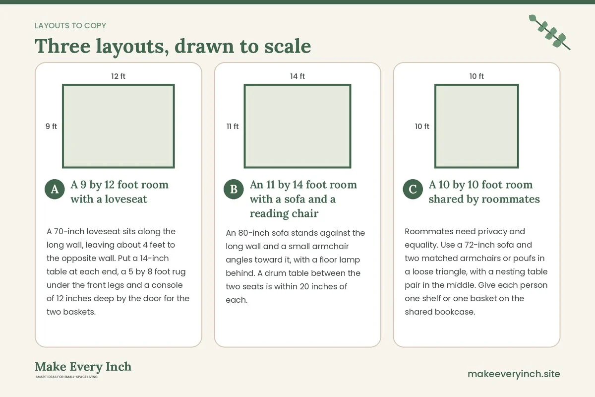 Three room layouts drawn to scale with dimensions and placement notes for: 14 Small Living Room Ideas for Renters for Couples on a Shared Lease