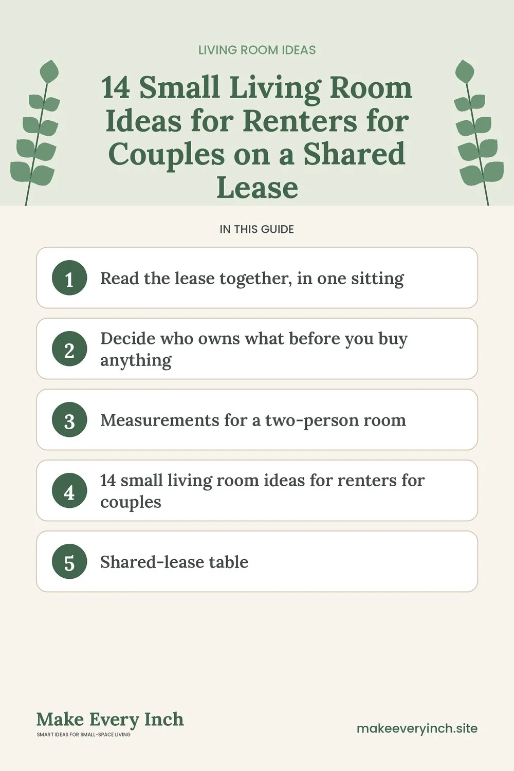 Pinterest pin listing the main topics in: 14 Small Living Room Ideas for Renters for Couples on a Shared Lease