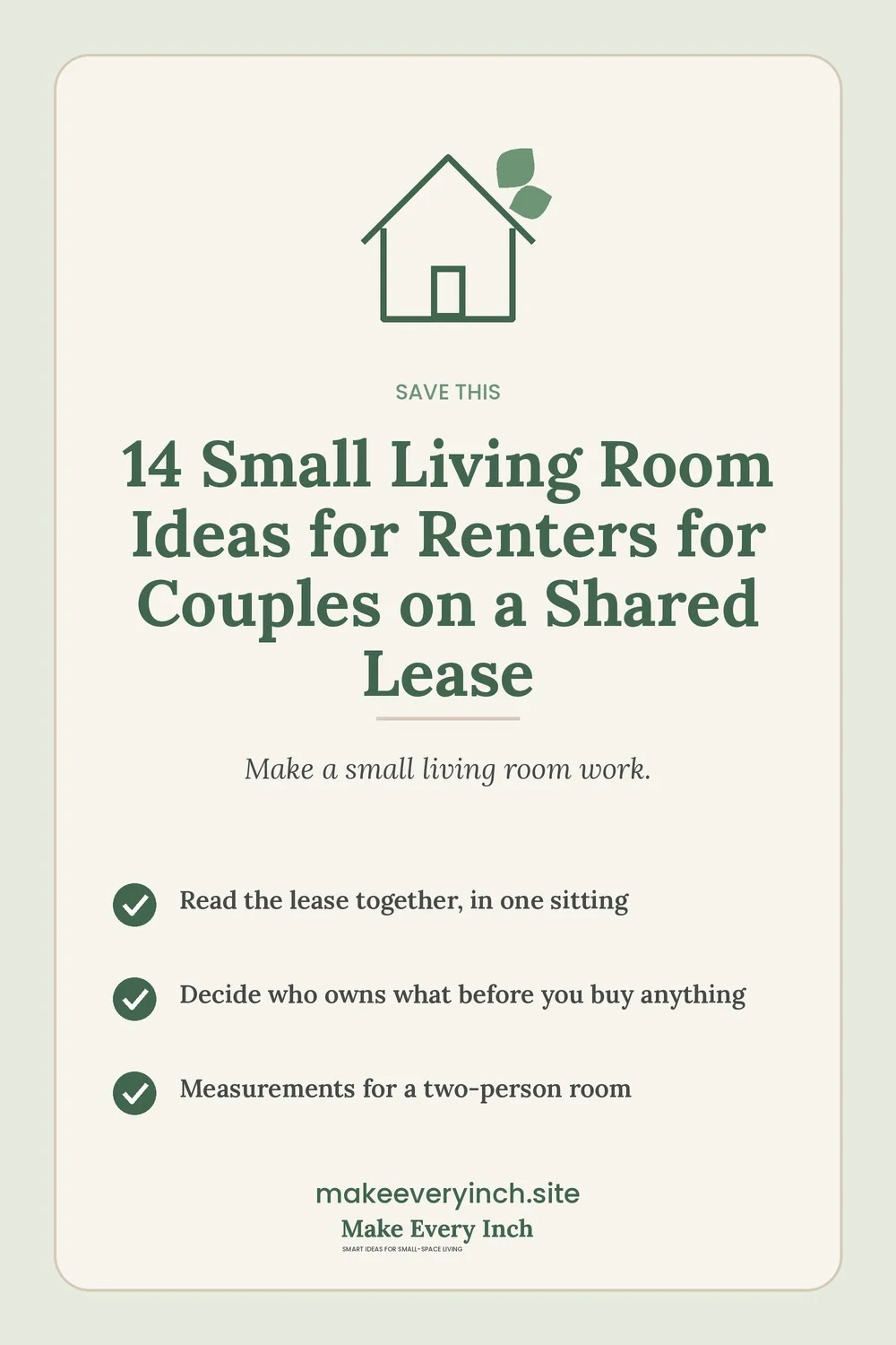Save-this Pinterest pin with a short checklist for: 14 Small Living Room Ideas for Renters for Couples on a Shared Lease