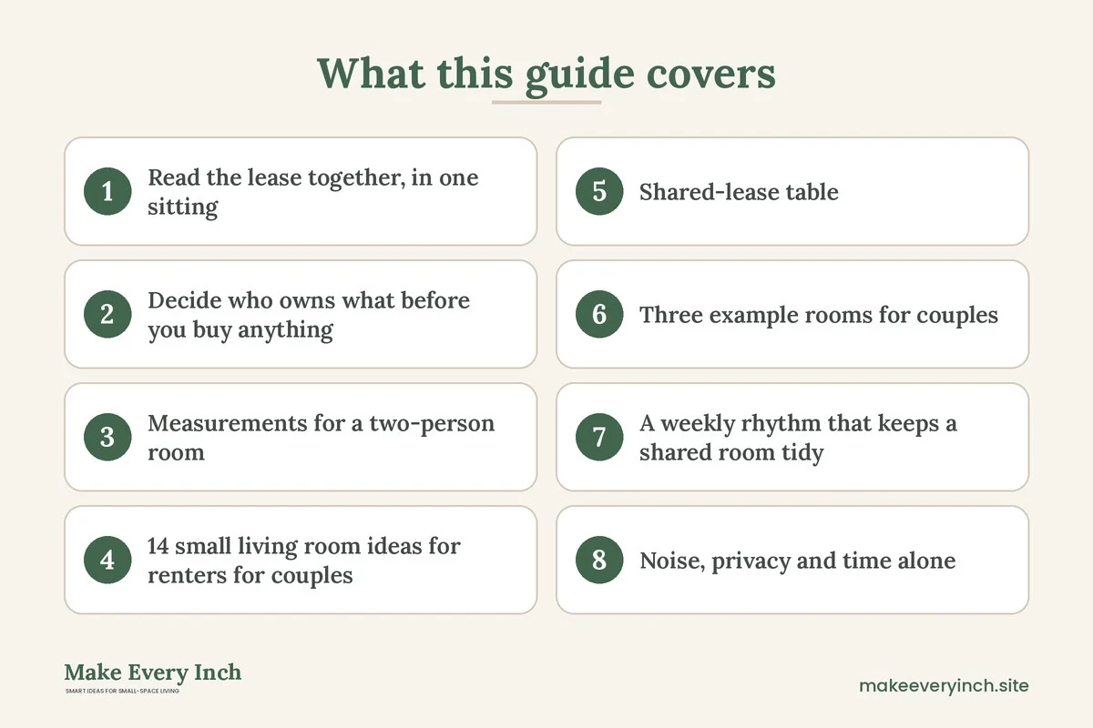 Graphic listing 8 topics covered in: 14 Small Living Room Ideas for Renters for Couples on a Shared Lease