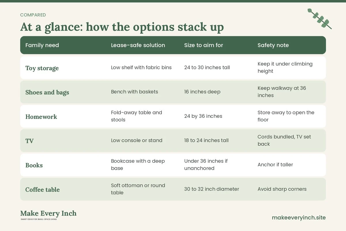 Comparison table of options for: 16 Small Living Room Ideas for Renters for Families (Family need, Lease-safe solution, Size to aim for, Safety note)