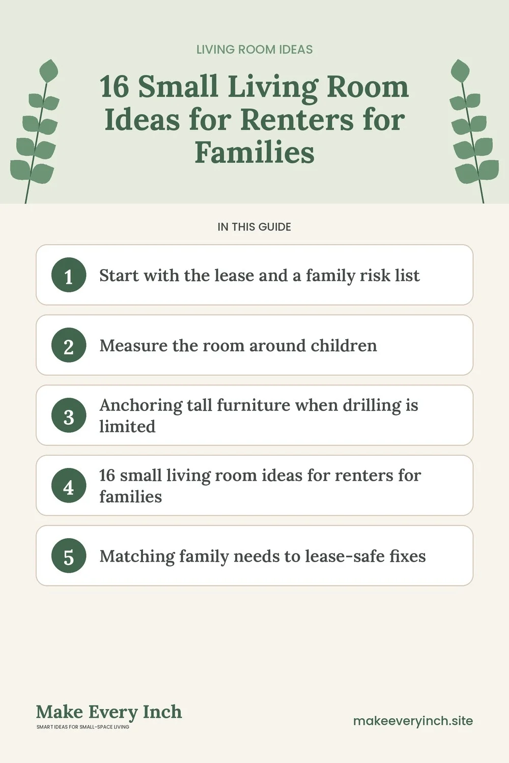 Pinterest pin listing the main topics in: 16 Small Living Room Ideas for Renters for Families