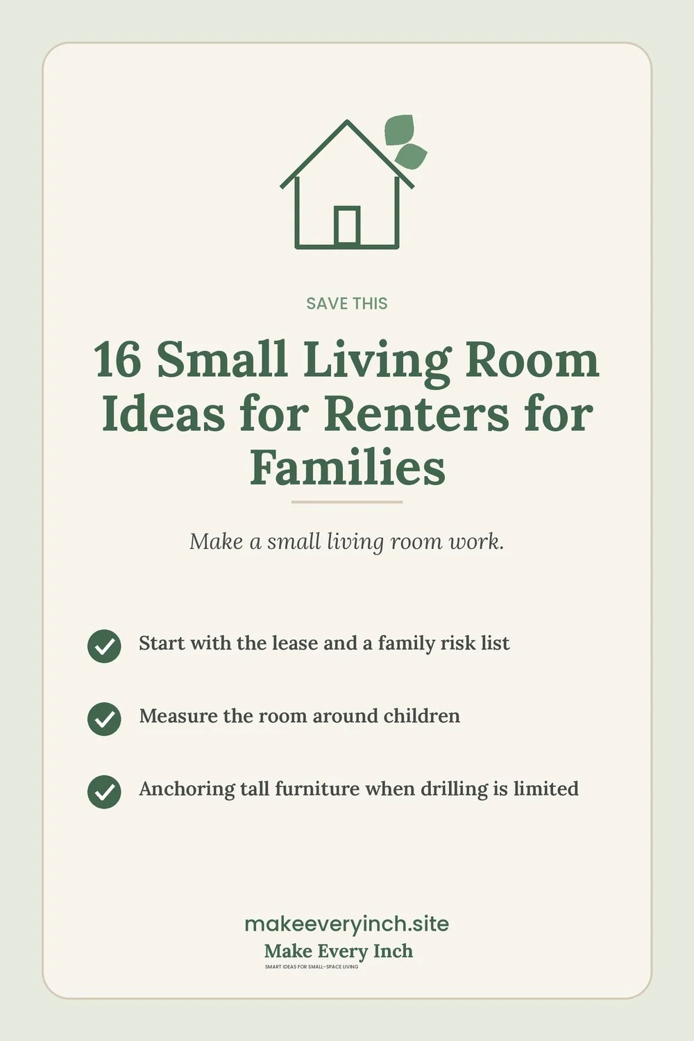 Save-this Pinterest pin with a short checklist for: 16 Small Living Room Ideas for Renters for Families