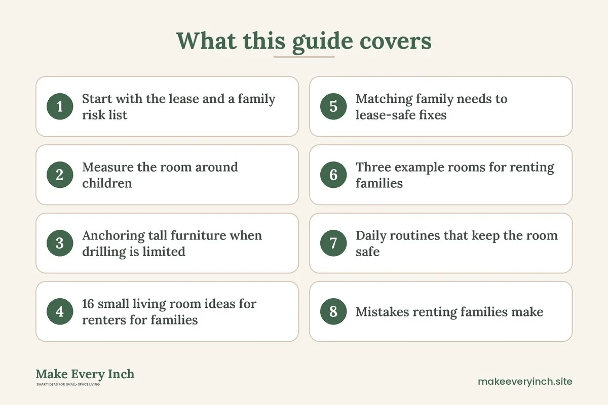 Graphic listing 8 topics covered in: 16 Small Living Room Ideas for Renters for Families
