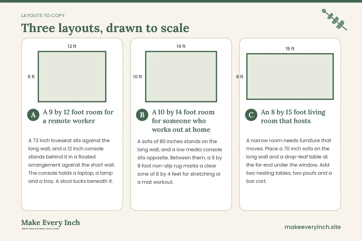 Three room layouts drawn to scale with dimensions and placement notes for: 15 Small Living Room Ideas for Renters for Women