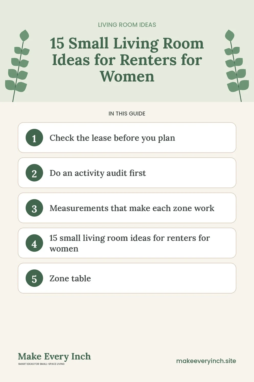 Pinterest pin listing the main topics in: 15 Small Living Room Ideas for Renters for Women