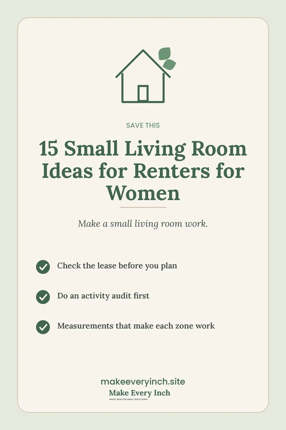 Save-this Pinterest pin with a short checklist for: 15 Small Living Room Ideas for Renters for Women