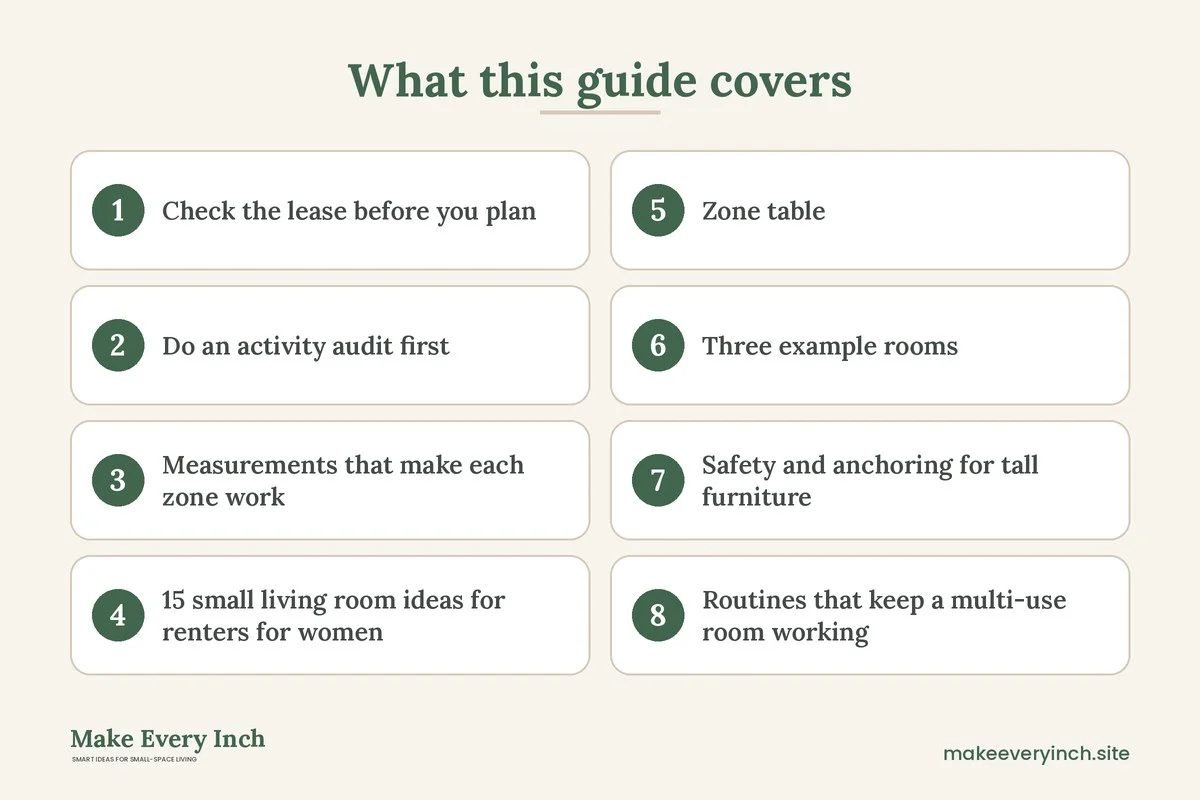 Graphic listing 8 topics covered in: 15 Small Living Room Ideas for Renters for Women
