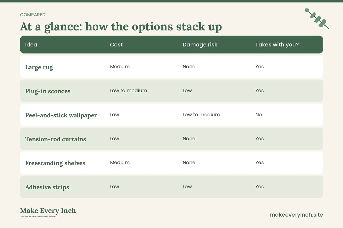 Comparison table of options for: 13 Small Living Room Ideas for Renters (Idea, Cost, Damage risk, Takes with you?)