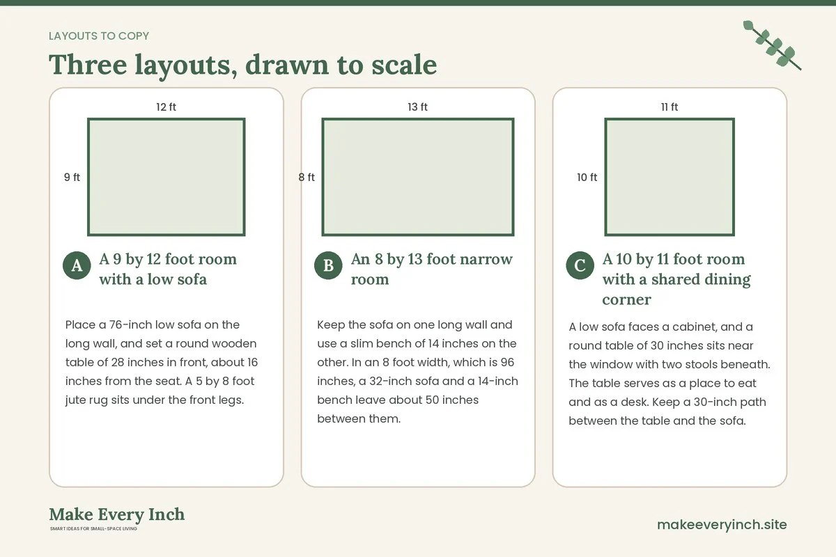 Three room layouts drawn to scale with dimensions and placement notes for: 15 Small Living Room Ideas for Renters Japandi Style Without Renovating