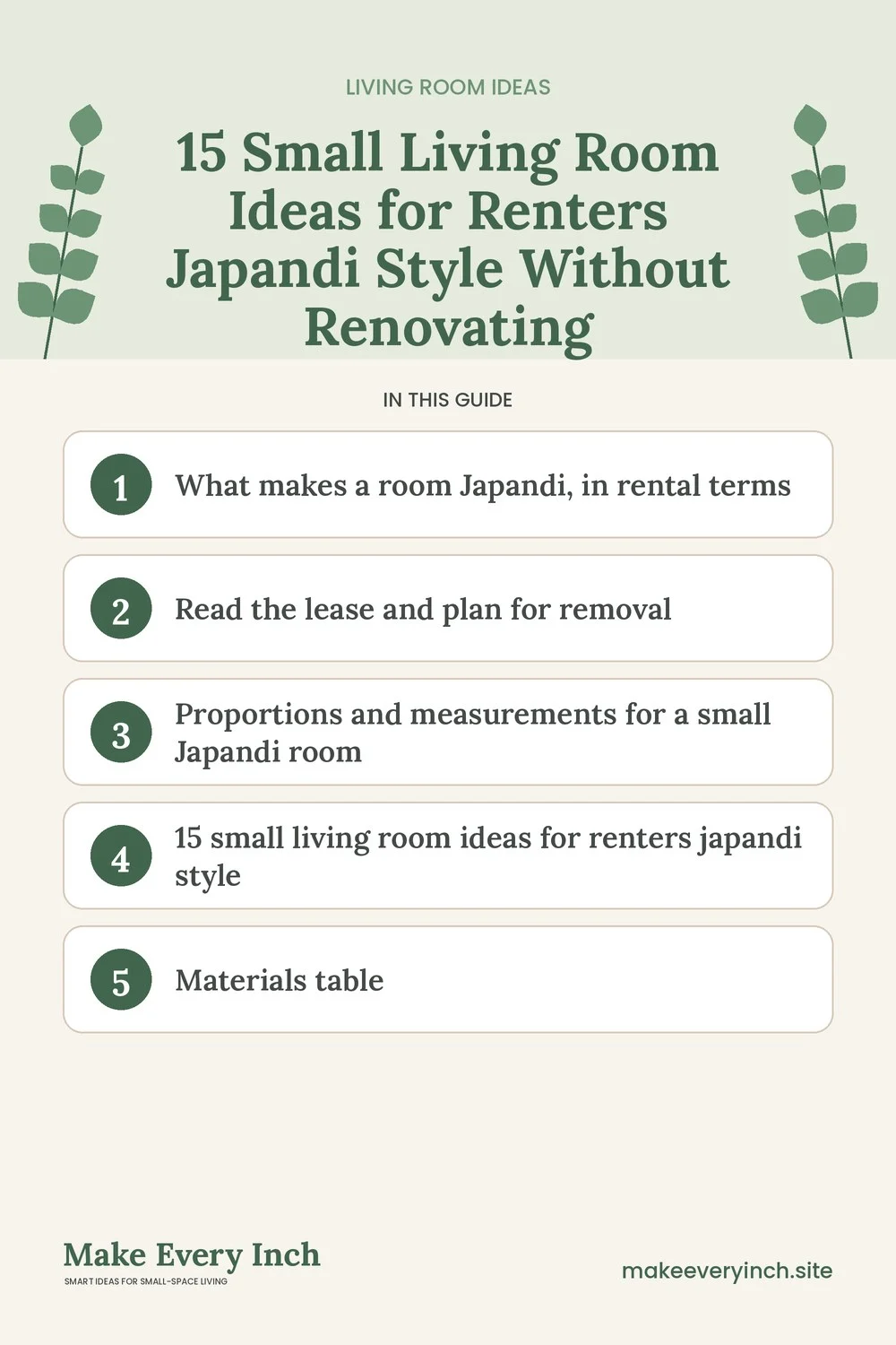 Pinterest pin listing the main topics in: 15 Small Living Room Ideas for Renters Japandi Style Without Renovating