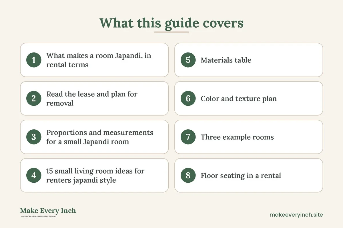 Graphic listing 8 topics covered in: 15 Small Living Room Ideas for Renters Japandi Style Without Renovating