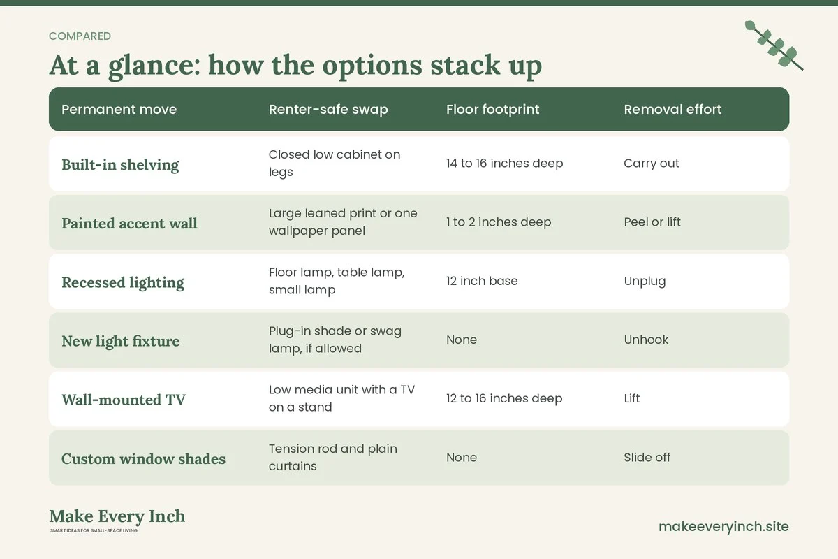 Comparison table of options for: 16 Small Living Room Ideas for Renters Minimalist Style, Lease Safe (Permanent move, Renter-safe swap, Floor footprint, Removal effort)